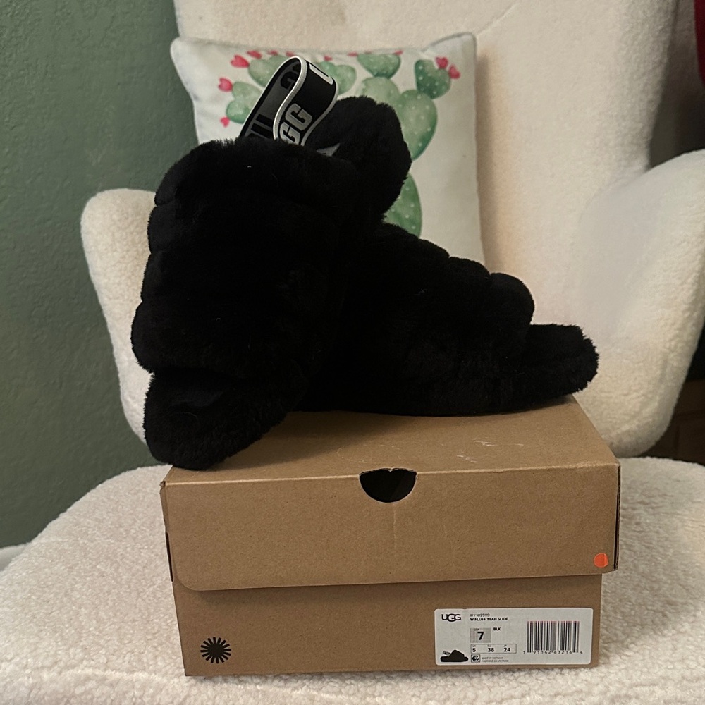 UGG Black Fluffy Slippers